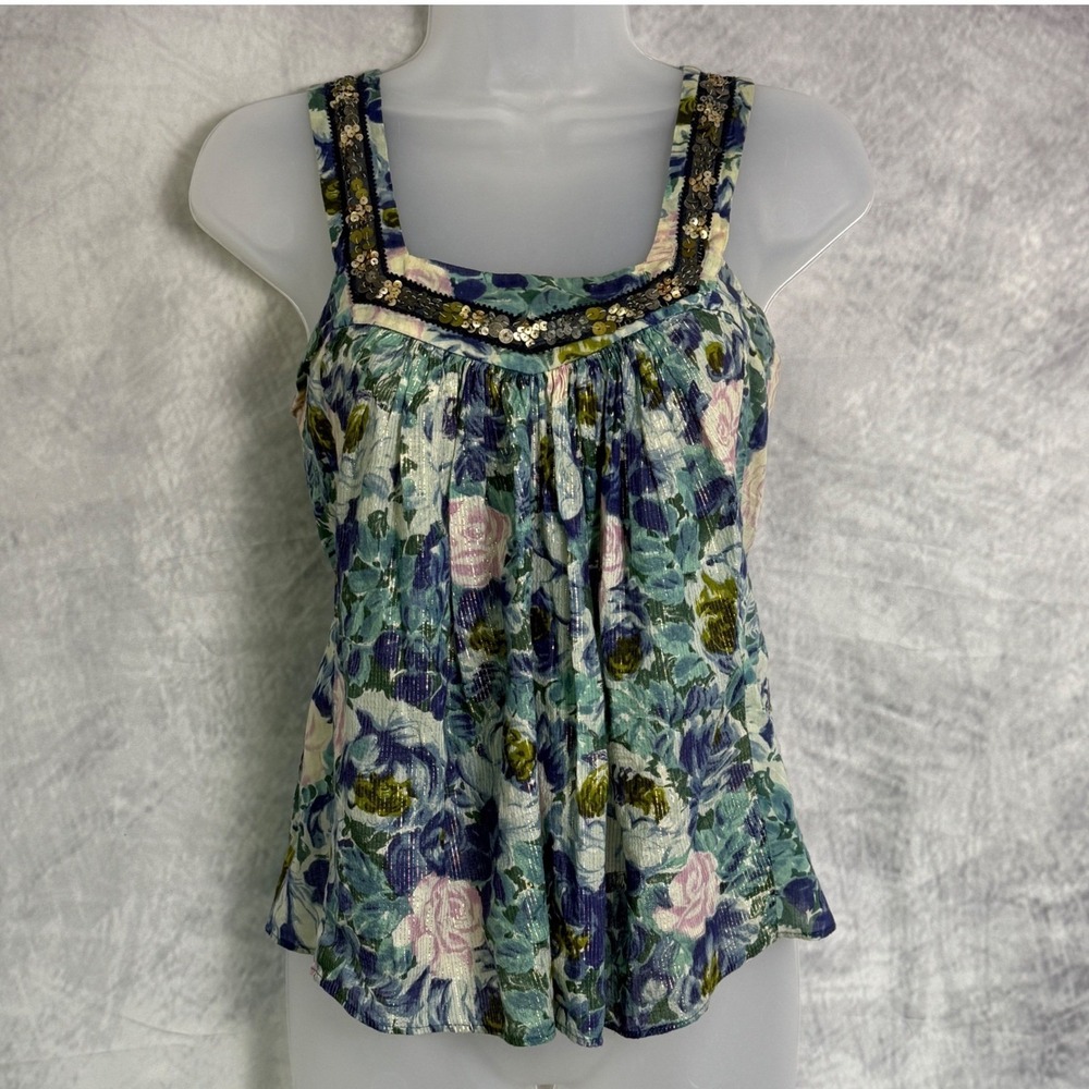Rebecca Taylor Floral Tank Top Sz 4 Sequin pastel Fairy Grunge festival romantic